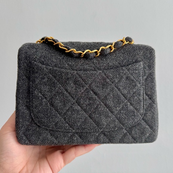 Chanel Vintage Grey Wool Mini Square Flap 24k Gold Plated Hardware - Picture 10 of 16